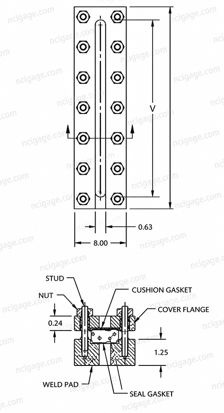 Model RLGL Weld Pad Sight Glass — dimensional diagram showing top view with bolt pattern and cross-section with stud, nut, cushion gasket, cover flange, weld pad, and seal gasket